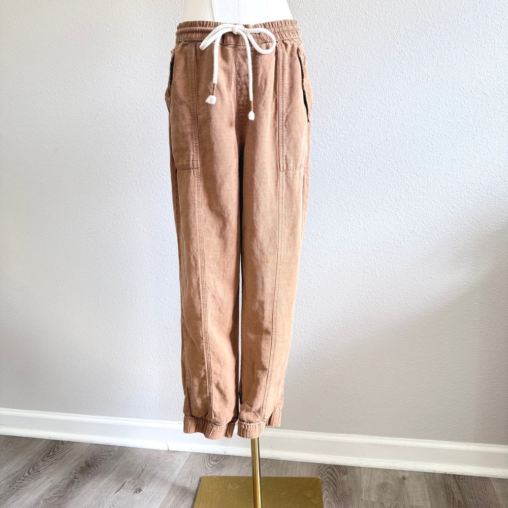 C&C California Women Linen Blend Jogger Pants Tan Neutral Cargo Outdoor Size L
